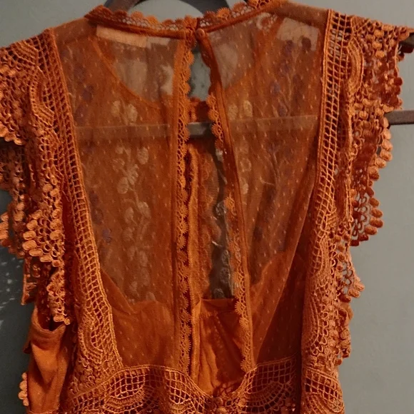 Free People Orange Lace Blouse with Blue and White Embroidery - Picture 3 of 5
